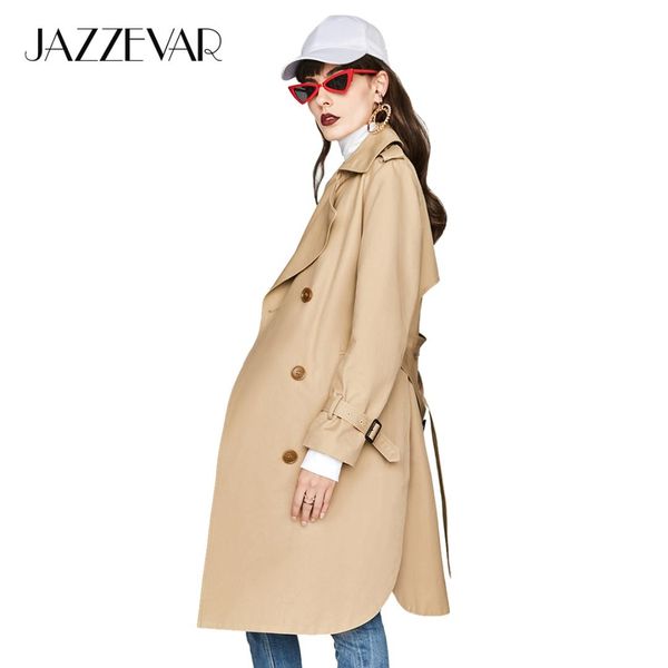 

jazzevar new 2018 autumn fashion casual women's khaki trench coat double breasted long outerwear for lady with belt high quality, Tan;black