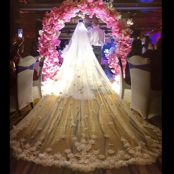 

long wedding veils two layers cathedral length 3m meters 3d floral applique tulle wedding accessories bridal headpieces for bride, Black