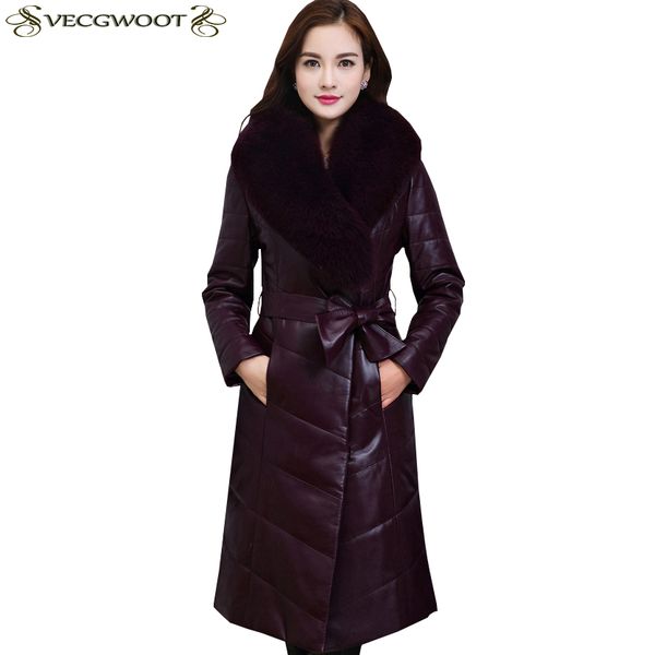 

winter new fashion warm genuine leather down jacket women fur collar plus size genuine leather jacket women long s589, Black