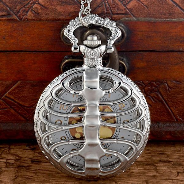 

new arrivals silver steampunk spine ribs hollow quartz pocket watch chains vintage men women skull pendant necklace clock gift, Slivery;golden