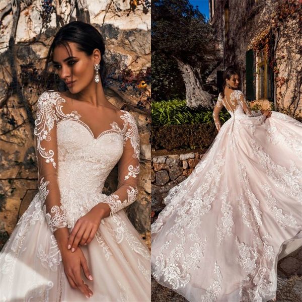 2019 A-Linie Brautkleider, transparenter V-Ausschnitt, lange Ärmel, Spitze, applizierte Brautkleider, elegantes, errötendes rosa Hochzeitskleid