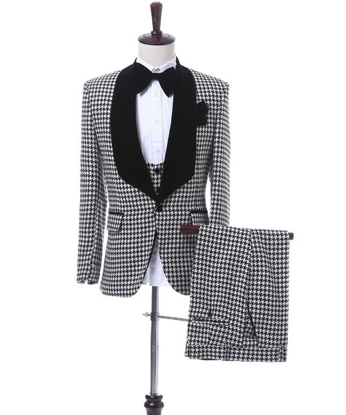

houndstooth men wedding tuxedos black shawl lapel side vent groom tuxedos men prom/dinner/darty dress(jacket+pants+tie+vest)66, Black;gray