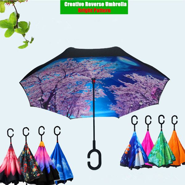 

creative c hook handle reverse folding quality brand bright pattern double layer windproof rainy sunny umbrella car men women