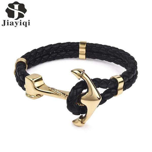 

jiayiqi punk engraved dragon silver gold anchor clasp black braid genuine leather bracelet men jewelry stainless steel bangle, Golden;silver