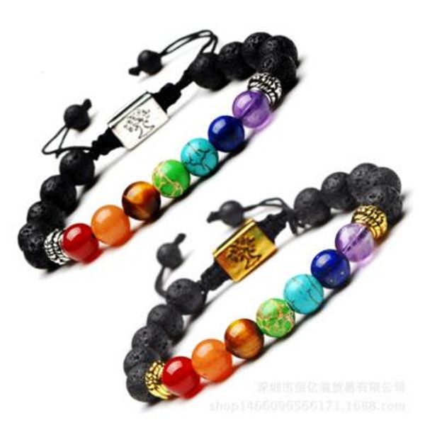 

tree of life natural stone lava bead 7 yoga chakra essential oil diffuser bracelet buddha fashion jewelry for women men gift, Black
