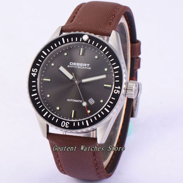 

43mm debert date miyota 821a sapphire glass grey dial ss. case automatic men's watch, Slivery;brown