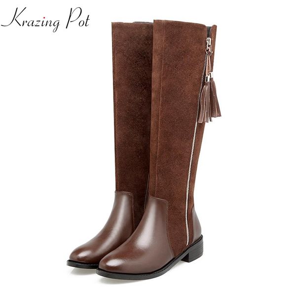 

krazing pot full grain leather winter round toe long handsome cowboy knee-high boots tassel fringe cow suede riding boots l5f2, Black