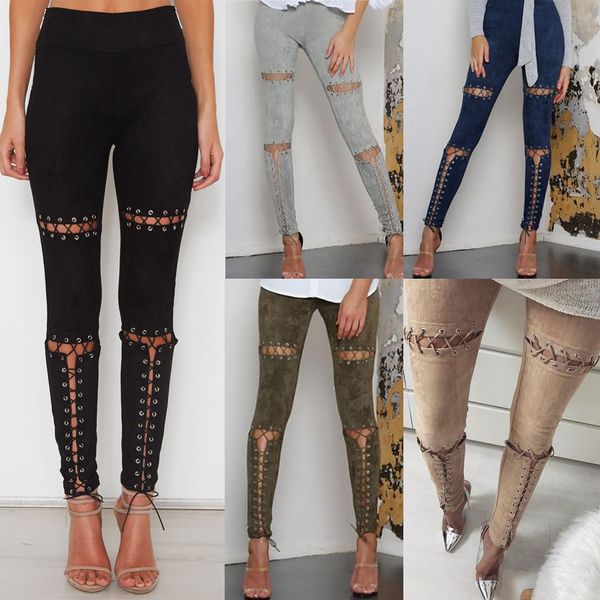 

Women Bandage Skinny Pants 2018 Hot Sale Retro Suede Pencil Pants 6 Colors Sexy Hollow Out Slim Fit Clothing