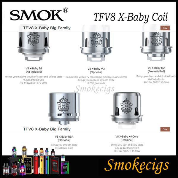 

SMOK TFV8 X-Baby Катушка для 4 мл SMOK TFV8 X-Baby Зверь Танк V8 Baby X Q2 0,4 Ом T6 0,2 Ом V8 X M2 0,25 Ом X X4 Core 3 шт. / Упак. 100% оригинал