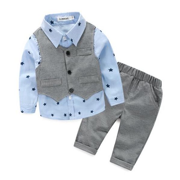 NOVO ins crianças boy clothing senhores define manga longa turn down collar estrelas imprimir camisa menino + calça + colete menino conjunto de roupas