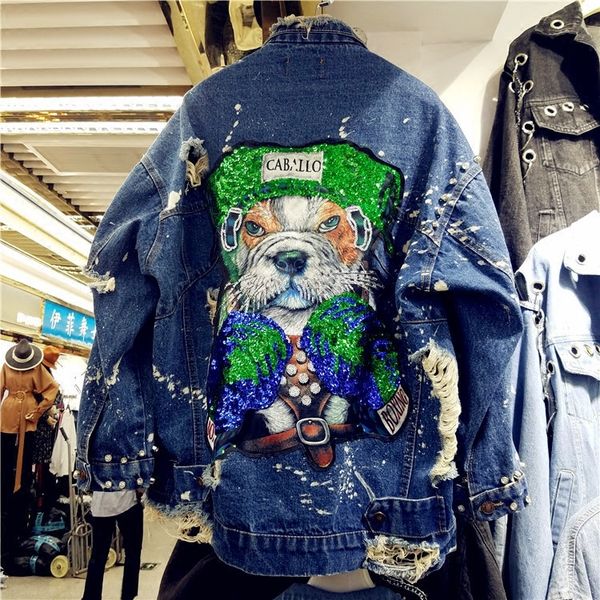 

european station gloria jeans jacket coat 2018 spring heavy beads patch dog loose hole spray paint denim jackets streetwear s18101203, Black;brown