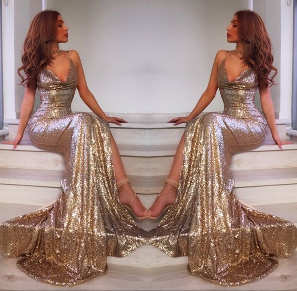 

sparkling gold sequined mermaid prom party dresses custom made v neck backless slit women pageant evening gowns formal, Black