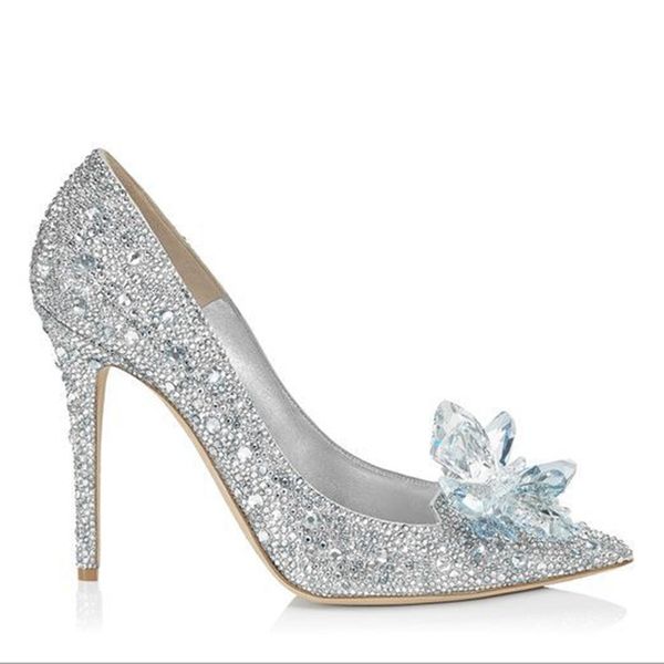 

grade cinderella crystal shoes bridal rhinestone wedding shoes with flower genuine leather 9.5cm heel big small size 35 to 40, Black