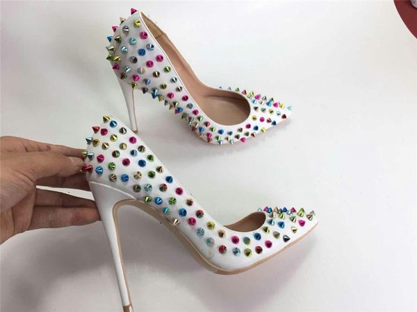 

lady women woman 2019ss new white leather spikes multi high heels shoes stiletto heels poined toes wedding heeled shoes pumps, Black