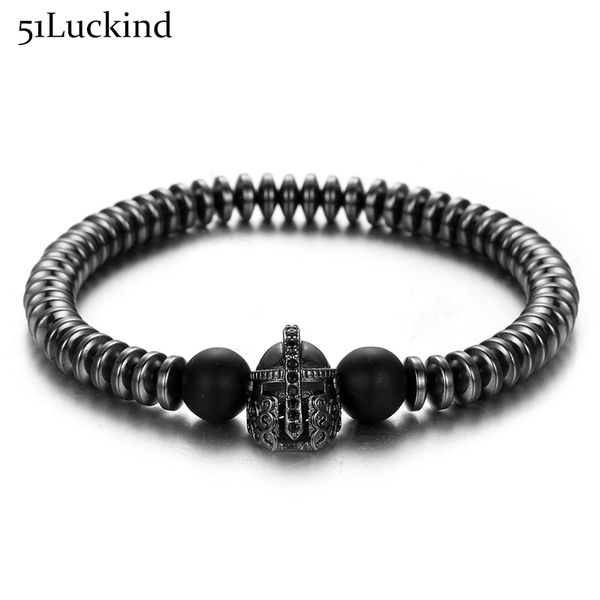 

punk hematite beads spartan bracelet charm soldier helmet stretch mens hand braclets for male jewelry accessories, Black