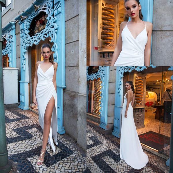 

2018 v-neck spaghetti straps sheath wedding dresses thigh-high slits backless simple country plus size custom made bridal gowns, White