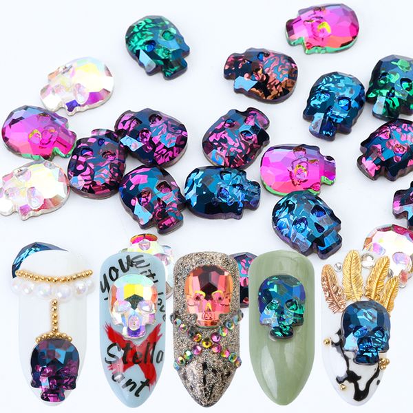 

10pcs/lot mixed rainbow color crystal nail rhinestone for christmas skull bone diy 3d nail art glitter decal accessory la704, Silver;gold