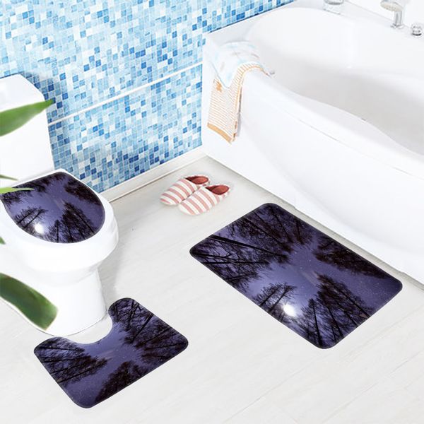 

3pcs bathroom mats set forest trees star sky night pattern bath rug anti slip soft foam shower mat and toilet mat set