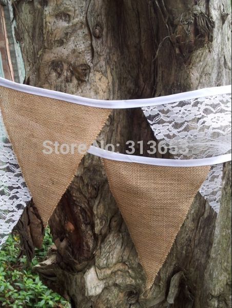 

wholesale-event party supplies vintage wedding lace banner home decoration hessian fabric bunting burlap cord jute rope pbooth flag