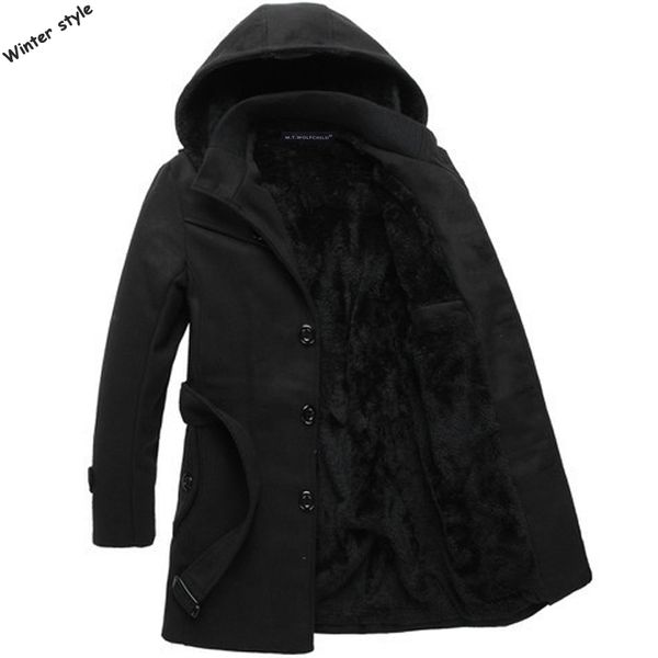 

winter mens new long sleeve thick hooded woolen clothing outerwear casual mens trench coats fashion, Black