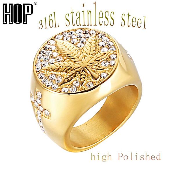

Хип-хоп хоп обледенелый Bling золотой цвет кольцо из нержавеющей стали микро проложили горный хрусталь прополка кленовый лист кольца для мужчин ювелирные изделия