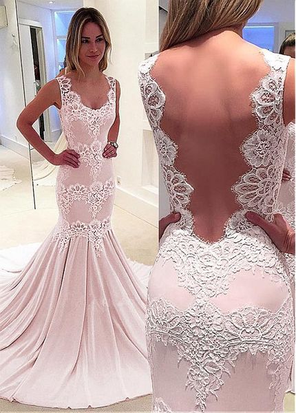 

modern lace mermaid chiffon white wedding dresses sleeveless straps backless sweep train summer applique arabic bridal gown vestido de novia