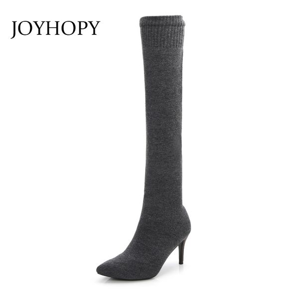 

elastic knitted stocking boots autumn women thin leg high heels shoes thigh high boots stretch fabric woman over the knee wb1399, Black