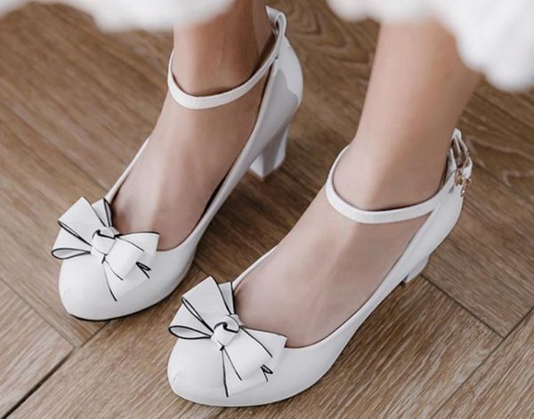 

send 2018 spring bowknot shallow mouth waterproof table coarse heel middle heel princess women shoes, Black