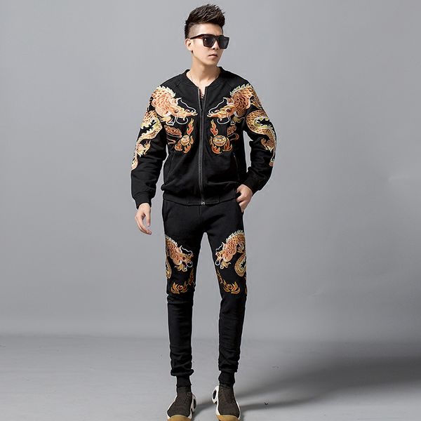 

100%real men causal black dragon embroidery jacket with pants event/stage performance jacket/stage performance/studio/dance, Gray