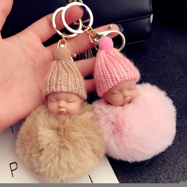 Schlüsselanhänger Lanyards 12 Farben Niedlicher schlafender Babypuppen-Schlüsselanhänger Pompon-Kaninchenfell-Kugelkette Auto-Schlüsselanhänger Frauen-Schlüsselhalter-Taschen-Anhänger-Charm-Zubehör