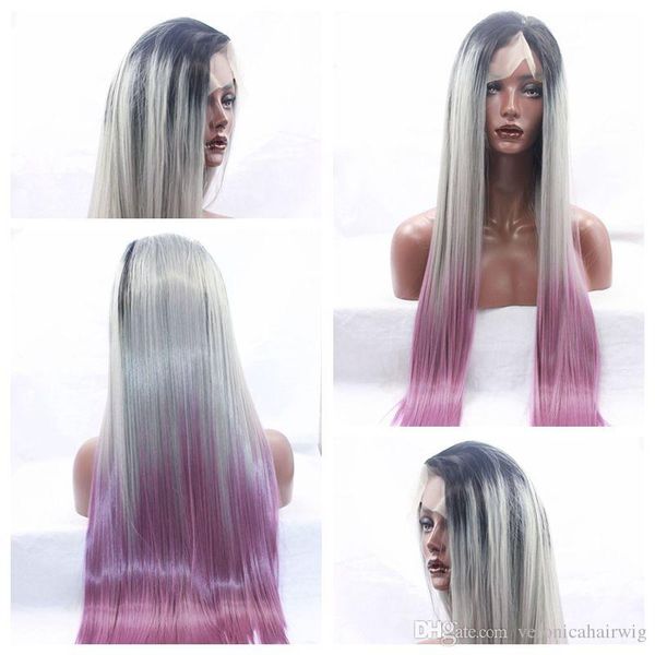 Hot Sexy Ombre Gray Purple Silky Straight Long Wigs Heat Resistant Glueless Synthetic Lace Front Wigs With Baby Hair High Quality Hair Wig For Women