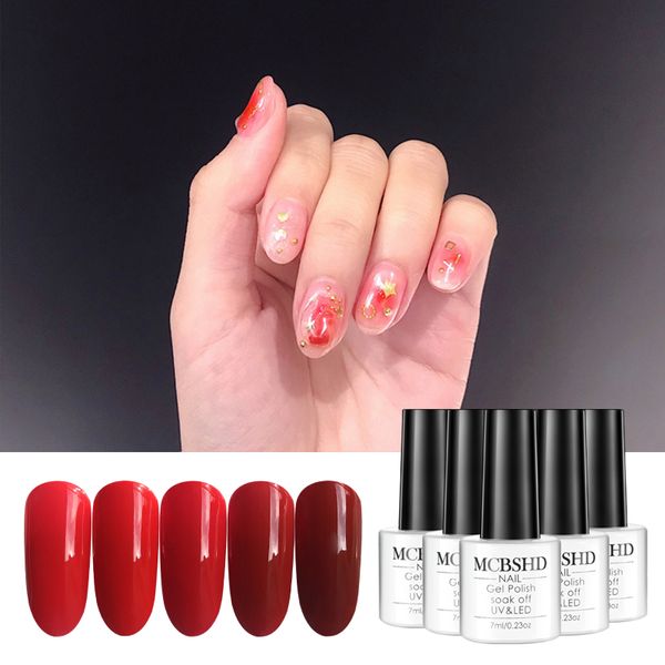

mcbshd gel nail polish 5pcs set rose red vermilion varnishes semi vernis permanant polish gel lacquer uv led soak off art nail, Red;pink