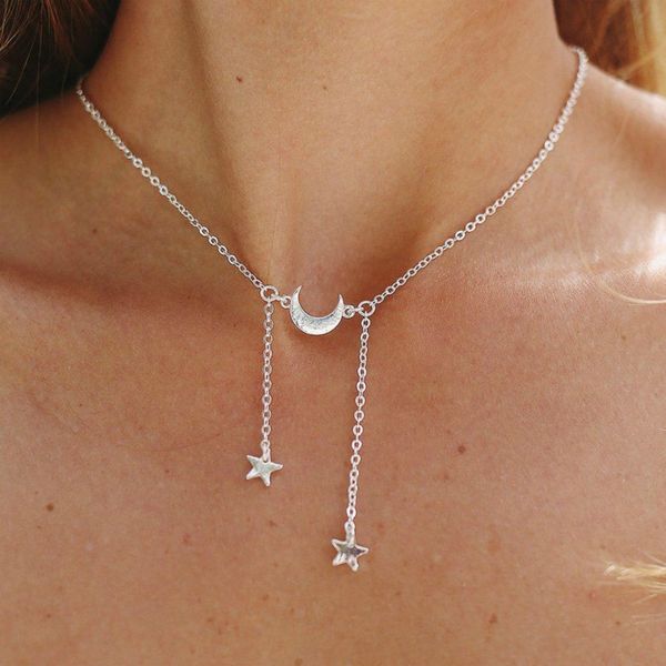 

fashion necklace women gold sliver color moon star long pendant necklace for women bohemian statement choker vintage jewelry, Silver
