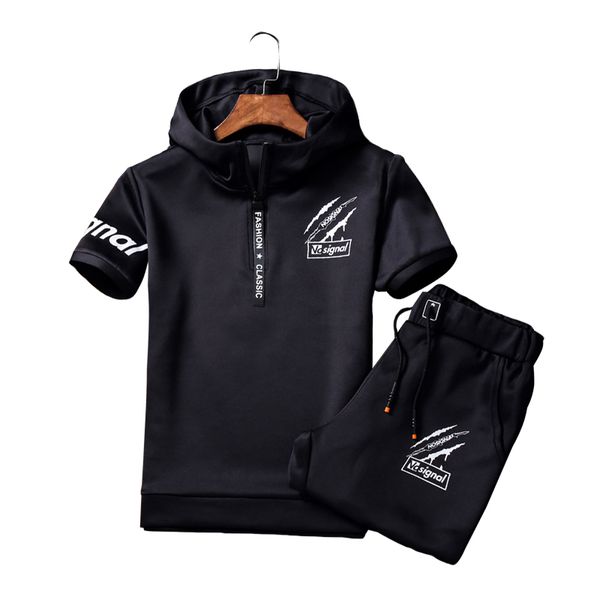 

men's sportswear short sleeve hooded sweatshirt and pants 2018 brand mens clothing windproof breathable tracksuit set pullover, Gray