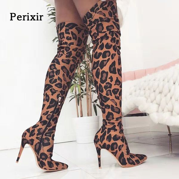 

perixir new arrival ladies over the knee boots leopard fabric high boots pointed toe thin heels shoes heels boot, Black