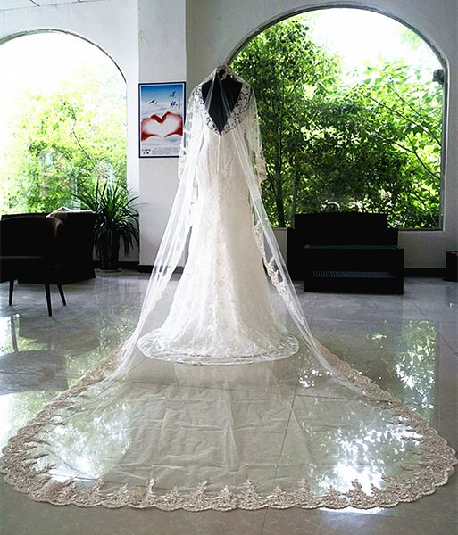 

100% real 3m cathedral length white ivory champagne lace edge crystal wedding veil bridal veils with alloy comb madingqianna brand, Black