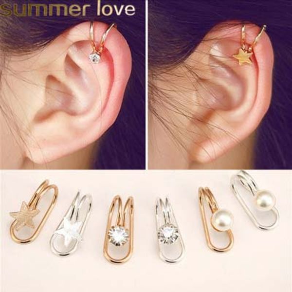 

new fashion star heart u-shaped ear clip for women gold & sliver color crystal pearl earring jewelry gift wholesale, Golden;silver