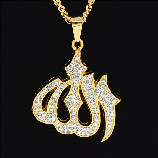 

Uodesign Men Gold Iced Out Muslim Pendant Necklace Hiphop 75cm Length Cuban Chain Islamic Koran Rhinestone Letter Necklace