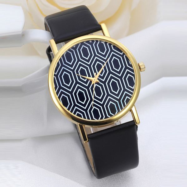 

women man watch fashion pu leather band geometry pattern quartz analog wrist watche special design casual hours wholesale, Slivery;brown