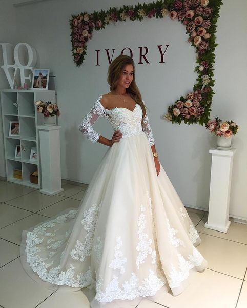 

new designer sweetheart lace wedding dresses sheer neck 3/4 sleeves lace applique sweep train wedding dress bridal gowns custom made, White
