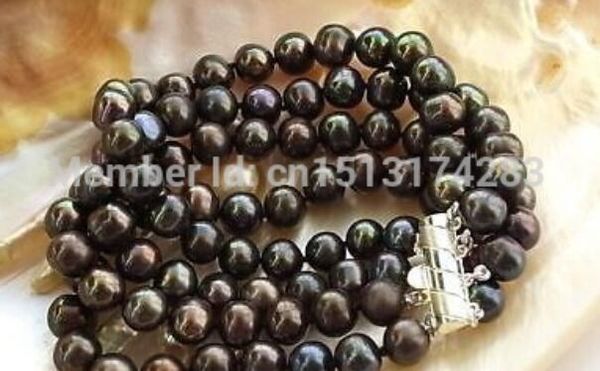 

gt;>>4row 8" 9mm black round fw cultured pearl bracelet, Golden;silver