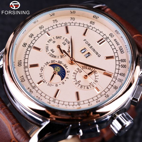 

forsining moon phase shanghai movement rose gold case brown leather strap men watch automatic self wind watch, Slivery;brown