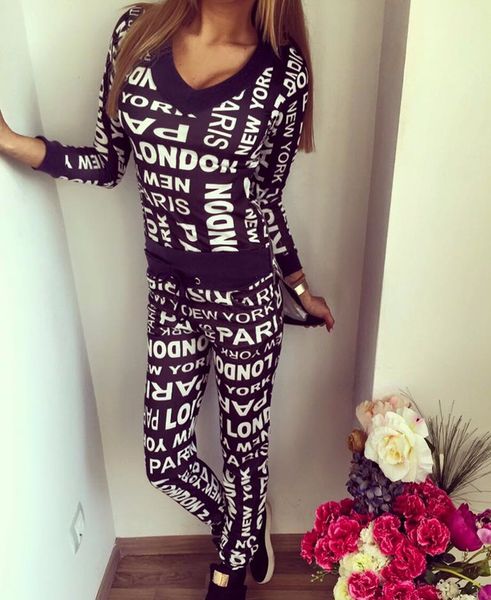 

Letter Newest Autumn Runway Tracksuit Women V Neck Print Letters 2 Pieces Sets Clothes Pullover Sweatshirt +Pants Suit Black Grey