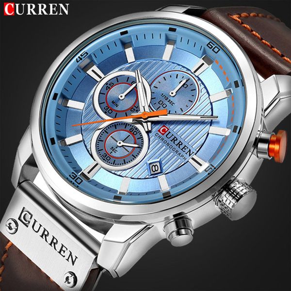 

curren watch brand man watches with chronograph sport waterproof clock man watches luxury men's watch analog quartz, Slivery;brown