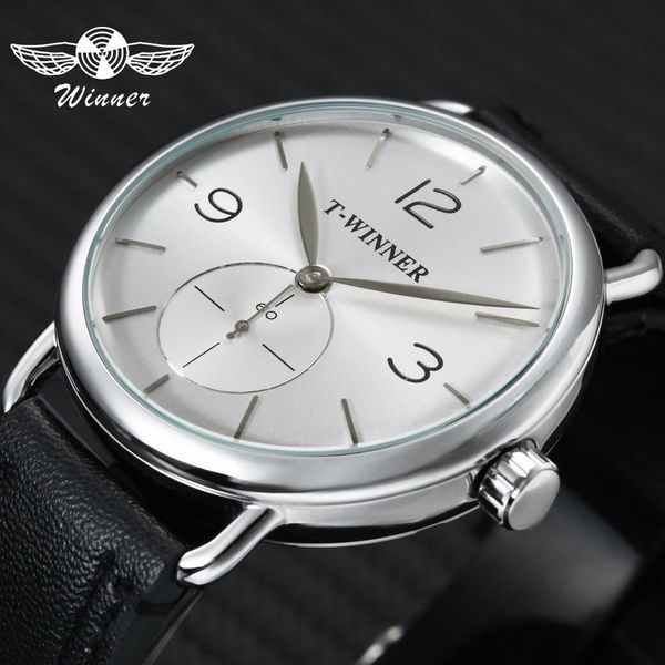 

winner casual sports mechanical watch men leather strap concise white dial fashion classic mens watches relogio, Slivery;brown