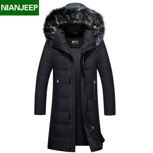 

winter men's long design white duck down jackets mens fashion thick warm big fur collar hooded parkas outerwear 8898, Black