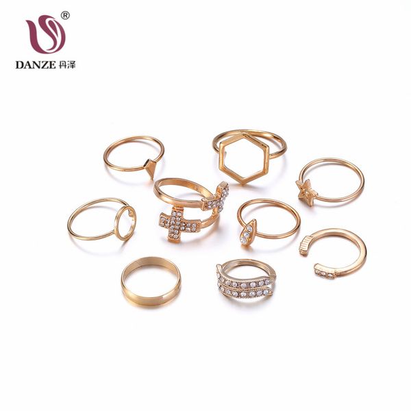

whole saledanze 9 pcs/set gold color cross pentagram midi rings sets for women boho beach vintage finger knuckle ring valentine jewelry, Golden;silver