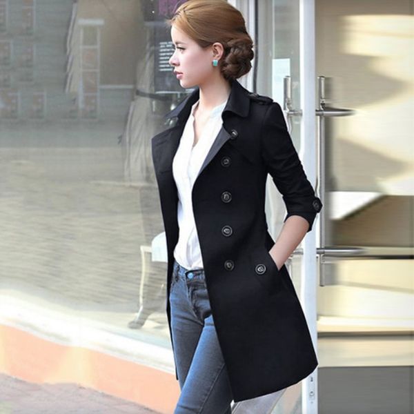 

wholesale-2017 new womens slim windbreaker double breasted long coat overcoat outwear, Tan;black