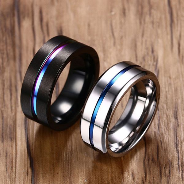 Commercio all'ingrosso al dettaglio di anelli di gioielli di tendenza dell'anello di tendenza dell'anello della scanalatura dell'arcobaleno di modo degli uomini dell'anello d'acciaio di titanio dell'argento nero di 8MM