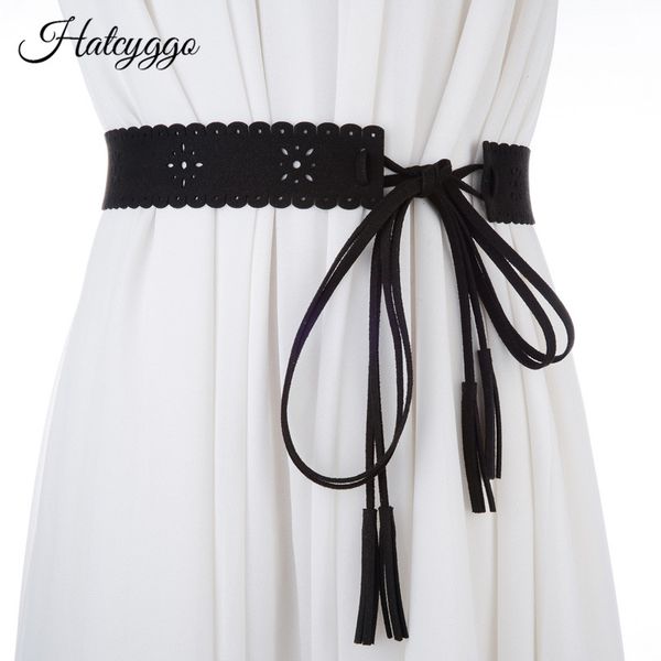

hatcyggo women cummerbund hollow out string waistband brushed leather corset belt lady tassel bowknot wide belts accessories, Black;brown